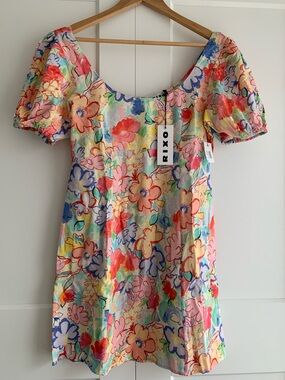 RIXO Floral Puff-Sleeve Mini Dress in Multicolor size M